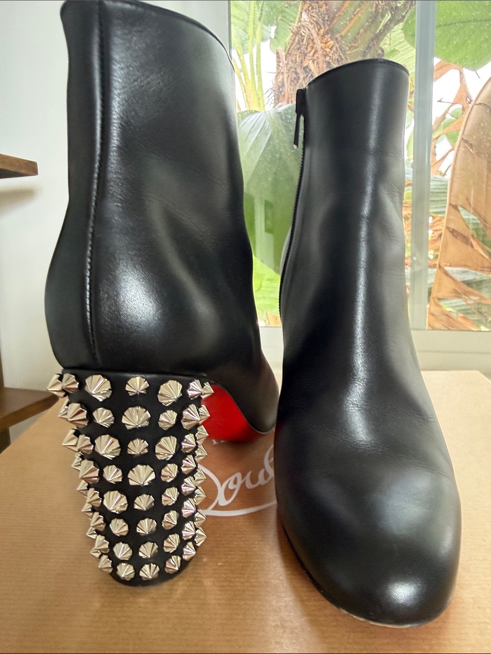 Christian Louboutin Black Leather Ankle Booties with Studded Block Heels
